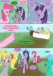 Size: 1000x1419 | Tagged: safe, artist:emilou1985, derpibooru import, applejack, pinkie pie, rainbow dash, spike, twilight sparkle, twilight sparkle (alicorn), oc, alicorn, pony, comic:signs, alternate universe, baby shower, cake, comic, food, pregnant, winged spike