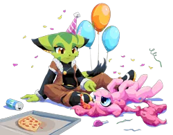 Size: 2698x2108 | Tagged: artist:goshaag, balloon, boop, confetti, corazon tea, crossover, derpibooru import, food, freedom planet, freedom planet 2, hat, noseboop, party hat, party horn, pinkie pie, pizza, safe, simple background, transparent background