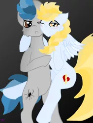 Size: 2155x2852 | Tagged: safe, derpibooru import, oc, oc:aria lightningheart, oc:shade ru, unofficial characters only, pegasus, pony, abstract background, angry, bedroom eyes, hug, multicolored hair, poking