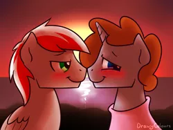 Size: 1600x1200 | Tagged: safe, artist:timidwithapen, derpibooru import, oc, oc:drawalot, oc:knight fire, unofficial characters only, pegasus, pony, unicorn, blushing, clothes, gay, jumper, male, shipping, sunset