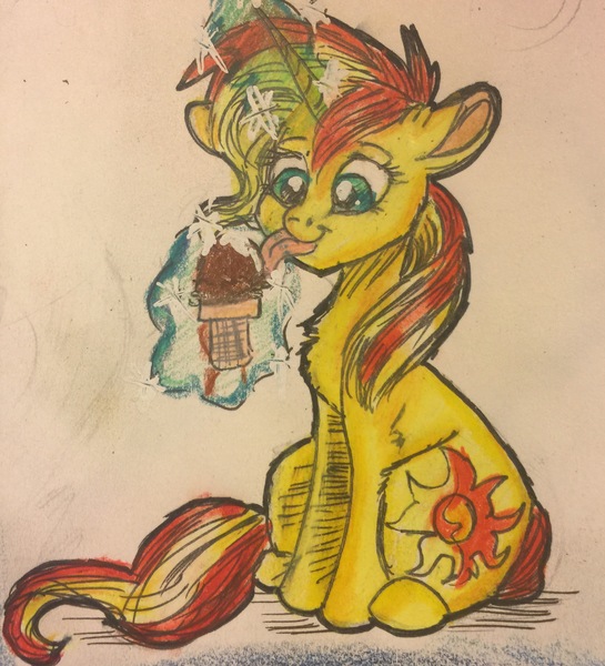 Size: 2400x2641 | Tagged: safe, artist:snowfoxythefox, derpibooru import, sunset shimmer, pony, unicorn, colored, colored pencil drawing, colored sketch, cute, floppy ears, food, glowing horn, ice cream, licking, magic, pencil, pencil drawing, shimmerbetes, sitting, solo, sparkles, telekinesis, tongue out, traditional art