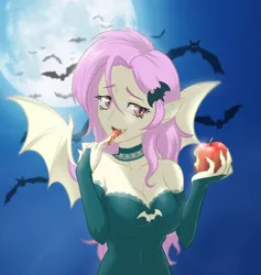 Size: 920x970 | Tagged: suggestive, artist:ta-na, derpibooru import, fluttershy, bat pony, equestria girls, apple, breasts, busty fluttershy, cleavage, clothes, colored, evening gloves, fangs, female, flutterbat, food, gloves, licking, licking fingers, open mouth, race swap, solo, solo female, tongue out