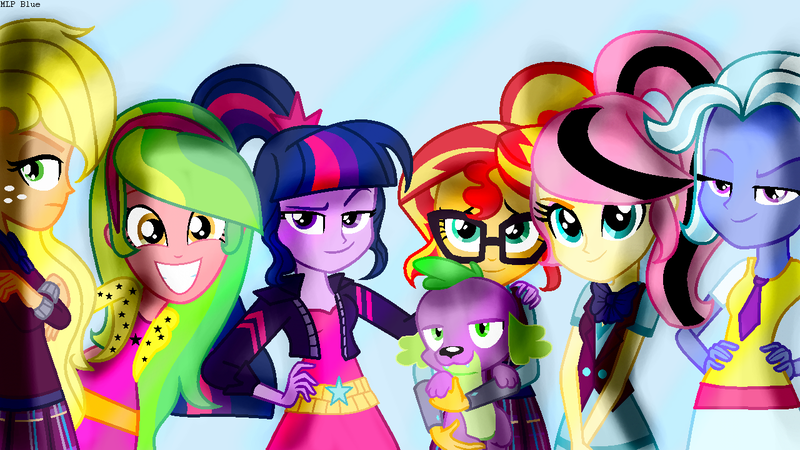 Size: 1280x720 | Tagged: safe, artist:sunsetshimmer1987, derpibooru import, applejack, fluttershy, lemon zest, sci-twi, spike, spike the regular dog, sugarcoat, sunset shimmer, twilight sparkle, dog, equestria girls, friendship games, alternate universe