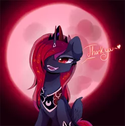 Size: 1280x1288 | Tagged: dead source, safe, artist:magnaluna, derpibooru import, princess luna, alicorn, pony, blood moon, blood moon luna, dialogue, fangs, female, mare, modified accessory, open mouth, sitting, smiling, solo, thank you