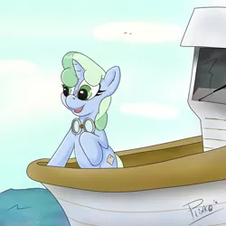 Size: 1500x1500 | Tagged: safe, artist:plinko, derpibooru import, oc, oc:sweetwater, unofficial characters only, pony, unicorn, boat, female, filly, goggles, ocean, travel