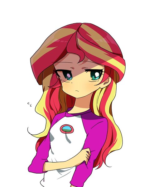 Size: 1007x1224 | Tagged: safe, artist:lotte, derpibooru import, sunset shimmer, equestria girls, legend of everfree, clothes, looking at you, pensive, shirt, simple background, solo, top, unamused, white background