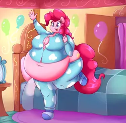 Size: 2500x2436 | Tagged: anthro, artist:graphenescloset, bbw, bed, bedroom, belly, belly button, big breasts, breasts, busty pinkie pie, cleavage, clothes, derpibooru import, fat, female, huge belly, obese, open mouth, pajamas, piggy pie, pinkie pie, pudgy pie, socks, striped socks, sugarcube corner, suggestive