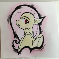 Size: 3024x3024 | Tagged: safe, artist:chelseaz123, derpibooru import, fluttershy, bat pony, pony, flutterbat, race swap, solo, traditional art, watercolor painting