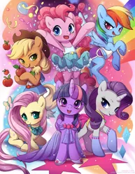 Size: 734x950 | Tagged: safe, artist:lindsay cibos, derpibooru import, applejack, fluttershy, pinkie pie, rainbow dash, rarity, twilight sparkle, twilight sparkle (alicorn), alicorn, pony, blushing, clothes, colored pupils, cute, dashabetes, diapinkes, equestria girls outfit, group photo, jackabetes, mane six, raribetes, shyabetes, signature, twiabetes