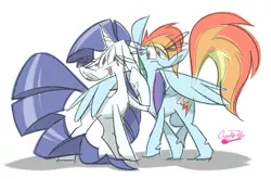 Size: 1215x800 | Tagged: safe, artist:crackiepipe, derpibooru import, rainbow dash, rarity, pony, female, hug, lesbian, mare, raridash, shipping, winghug