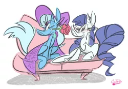 Size: 1000x699 | Tagged: safe, artist:crackiepipe, derpibooru import, rarity, trixie, pony, unicorn, female, flower, lesbian, mare, rarixie, rose, shipping