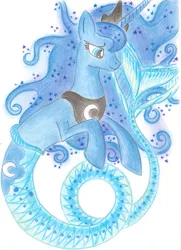 Size: 1613x2234 | Tagged: safe, artist:blueaugen, derpibooru import, princess luna, alicorn, hybrid, mermaid, merpony, pony, sea pony, seapony (g4), blue eyes, blue mane, crown, cute, ethereal mane, female, fish tail, flowing mane, hoof shoes, horn, image, jewelry, jpeg, mare, mermaid tail, mermaidized, regalia, seaponified, seapony luna, simple background, smiling, solo, sparkles, species swap, starry mane, tail, traditional art, white background