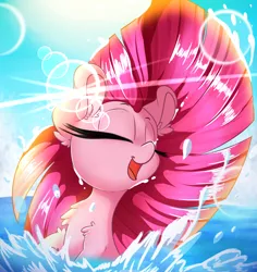 Size: 2600x2750 | Tagged: safe, artist:madacon, derpibooru import, pinkie pie, earth pony, pony, amazing, beautiful, color porn, cute, eyes closed, fabulous, female, fluffy, happy, lens flare, majestic, mare, ocean, open mouth, playing, pretty, smiling, solo, splashing, summer, sun, water, wet mane