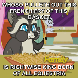 Size: 573x576 | Tagged: animated, caption, cropped, derpibooru import, discovery family logo, edit, edited screencap, food, french fries, hay fries, image macro, king arthur, loop, meme, mr. waddle, raccoon, safe, screencap, sir thomas malory, smoky jr., the saddle row review