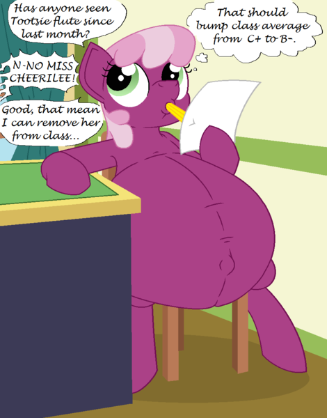 Size: 930x1186 | Tagged: artist:adlaz, belly, belly button, cheerilee, derpibooru import, fetish, grimdark, hoof hold, implied death, impossibly large belly, mouth hold, murder, paper, pencil, ponyville schoolhouse, questionable, school, vore