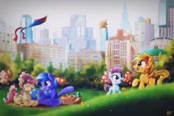 Size: 1500x1000 | Tagged: safe, artist:ruhisu, derpibooru import, oc, oc:brave wing, oc:forgetmenot, oc:hazel heart, oc:pliszka, unofficial characters only, pegasus, pony, apple, banana, basket, bottle, building, city, cityscape, colt, corral park, crystaller building, female, filly, food, friends, group, juice, kite, kite flying, laughing, male, manehattan, mother, mouth hold, park, picnic, picnic blanket, sandwich, skyscraper, talking