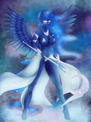 Size: 958x1286 | Tagged: anthro, artist:h0neymo0n, bikini, breasts, busty princess luna, clothes, derpibooru import, female, glowing eyes, plantigrade anthro, princess luna, solo, solo female, spread wings, staff, suggestive, swimsuit