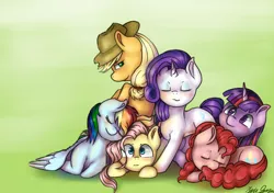 Size: 2916x2058 | Tagged: applejack, artist:kysimon, cuddle puddle, cuddling, derpibooru import, eyes closed, fluttershy, mane six, pinkie pie, pony pile, prone, rainbow dash, rarity, safe, sleeping, snuggling, twilight sparkle