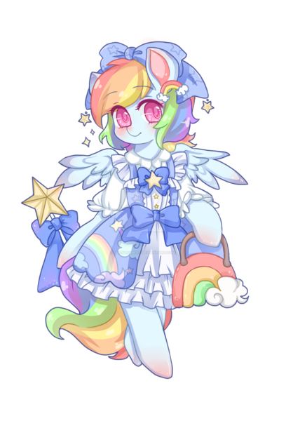 Size: 1024x1506 | Tagged: safe, artist:sugarcubeee, derpibooru import, rainbow dash, pony, bipedal, clothes, dress, handbag, lolita fashion, rainbow dash always dresses in style, simple background, solo, transparent background, watermark