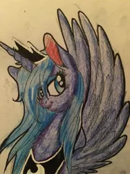 Size: 2448x3264 | Tagged: artist:snowfoxythefox, colored, colored pencil drawing, colored sketch, crown, cute, derpibooru import, jewelry, looking away, lunabetes, pencil, pencil drawing, princess luna, regalia, s1 luna, safe, simple background, smiling, solo, traditional art