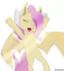 Size: 4653x5154 | Tagged: safe, artist:styroponyworks, artist:theotherdash, derpibooru import, fluttershy, bat pony, pony, absurd resolution, flutterbat, pillow, race swap, solo, stretching, yawn