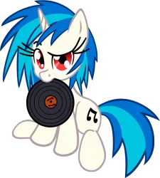 Size: 4000x4452 | Tagged: safe, artist:leadhooves, artist:shelmo69, derpibooru import, vinyl scratch, pony, unicorn, cutie mark, female, hooves, horn, mare, mouth hold, record, simple background, sitting, solo, text, transparent background, vector, wrong eye color