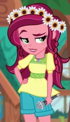 Size: 337x586 | Tagged: safe, derpibooru import, screencap, gloriosa daisy, equestria girls, legend of everfree, cropped, female, geode of fauna, geode of shielding, geode of sugar bombs, geode of super speed, geode of super strength, magical geodes, solo