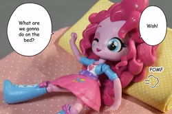 Size: 600x399 | Tagged: suggestive, artist:uotapo, derpibooru import, pinkie pie, equestria girls, bed, boots, clothes, comic, doll, equestria girls minis, eqventures of the minis, irl, manga, photo, pomf, skirt, toy, what are we gonna do on the bed?