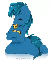 Size: 1024x1231 | Tagged: safe, artist:va1ly, derpibooru import, ponified, earth pony, pony, belly fluff, blushing, cookie, cookie monster, crumbs, cute, eating, fluffy, food, leg fluff, male, nom, one eye closed, shoulder fluff, signature, simple background, solo, stallion, unshorn fetlocks, white background, wink