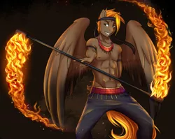 Size: 3000x2384 | Tagged: abs, anthro, anthro oc, artist:askbubblelee, bare chest, clothes, derpibooru import, fire, fire staff, headband, jewelry, male, necklace, oc, oc:singe, partial nudity, pegasus, solo, solo male, spinning, staff, suggestive, topless, unofficial characters only