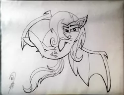 Size: 1862x1424 | Tagged: safe, artist:marewile, derpibooru import, fluttershy, bat pony, pony, flutterbat, monochrome, race swap, raised eyebrow, sketch, solo, traditional art