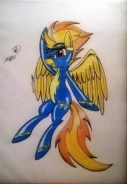 Size: 1618x2331 | Tagged: safe, artist:marewile, derpibooru import, spitfire, bedroom eyes, clothes, goggles, solo, traditional art, wonderbolts, wonderbolts uniform