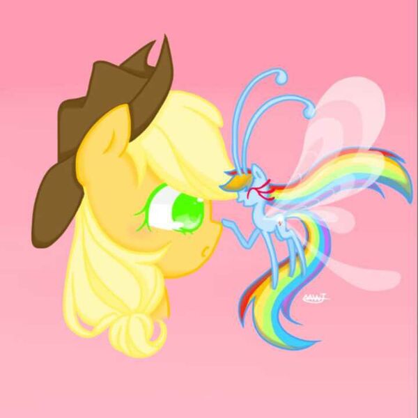 Size: 720x720 | Tagged: safe, artist:miaowujiang, derpibooru import, applejack, rainbow dash, breezie, pony, appledash, boop, breeziefied, female, lesbian, mare, rainbow breez, shipping, species swap