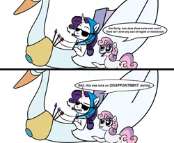 Size: 1200x985 | Tagged: safe, artist:velgarn, derpibooru import, rarity, sweetie belle, pony, swan, unicorn, the cart before the ponies, cart, cigar, comic, disappointment, duo, female, filly, foal, mare, smoking, speech bubble, sunglasses, swanlestia cart