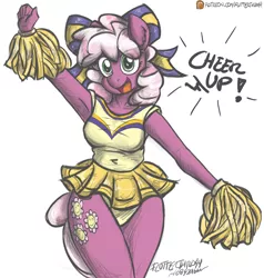 Size: 1000x1050 | Tagged: suggestive, artist:flutterthrash, derpibooru import, cheerilee, anthro, earth pony, the cart before the ponies, adorasexy, armpits, cheeribetes, cheerileeder, cheerleader, cheerleader outfit, clothes, cute, female, hair bow, miniskirt, open mouth, panties, patreon, patreon logo, pleated skirt, pom pom, sexy, skirt, solo, solo female, underwear, upskirt, yellow underwear