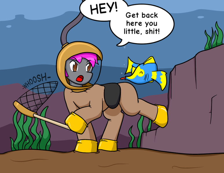 Size: 800x620 | Tagged: safe, artist:defilerzero, derpibooru import, oc, oc:crash dive, unofficial characters only, fish, pegasus, pony, chase, diving suit, dodge, fail, fishing net, helmet, net, seaweed, solo, speech bubble, tongue out, underwater, vulgar