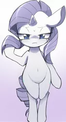 Size: 1010x1850 | Tagged: safe, artist:ccc, derpibooru import, rarity, pony, unicorn, annoyed, belly button, bipedal, gradient background, solo