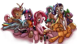 Size: 4965x2885 | Tagged: safe, artist:gsphere, derpibooru import, angel bunny, applejack, fluttershy, pinkie pie, princess celestia, rainbow dash, rarity, spike, twilight sparkle, absurd resolution, angelbetes, baking, book, cuddle puddle, cuddling, cute, cutelestia, dashabetes, diapinkes, hair styling, jackabetes, mane seven, mane six, pony pile, raribetes, reading, shyabetes, simple background, spikabetes, tail wrap, twiabetes