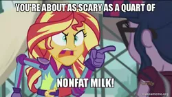 Size: 800x450 | Tagged: safe, derpibooru import, edit, edited screencap, screencap, sci-twi, sunset shimmer, twilight sparkle, equestria girls, friendship games, caption, dave the barbarian, image macro, meme, sunset yells at twilight