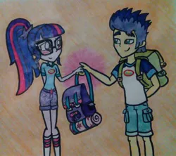 Size: 2598x2304 | Tagged: safe, artist:ro994, derpibooru import, flash sentry, sci-twi, twilight sparkle, equestria girls, legend of everfree, female, flashlight, humanized, male, ponytail, sciflash, shipping, straight, traditional art