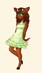 Size: 1604x2758 | Tagged: safe, artist:squiggles, derpibooru import, oc, oc:aleia, unofficial characters only, anthro, deer, unguligrade anthro, clothes, cute, doe, dress, female, image, jpeg, solo, sundress, young