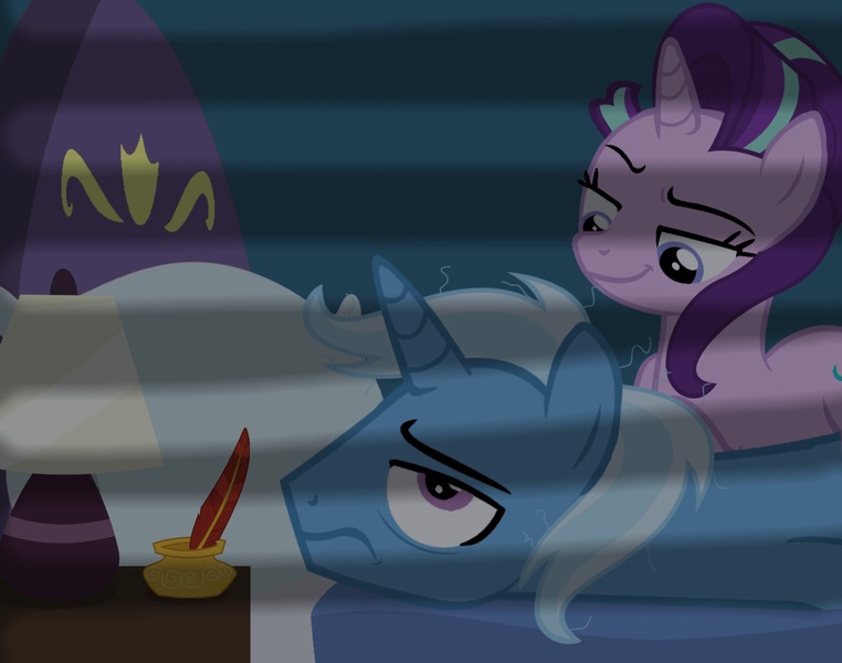 Size: 1877x1478 | Tagged: dead source, safe, artist:drewmwhit, derpibooru import, starlight glimmer, trixie, bed, bedroom, female, half r63 shipping, lamp, male, messy mane, quill, rule 63, shipping, startrist, startrix, straight, tristan