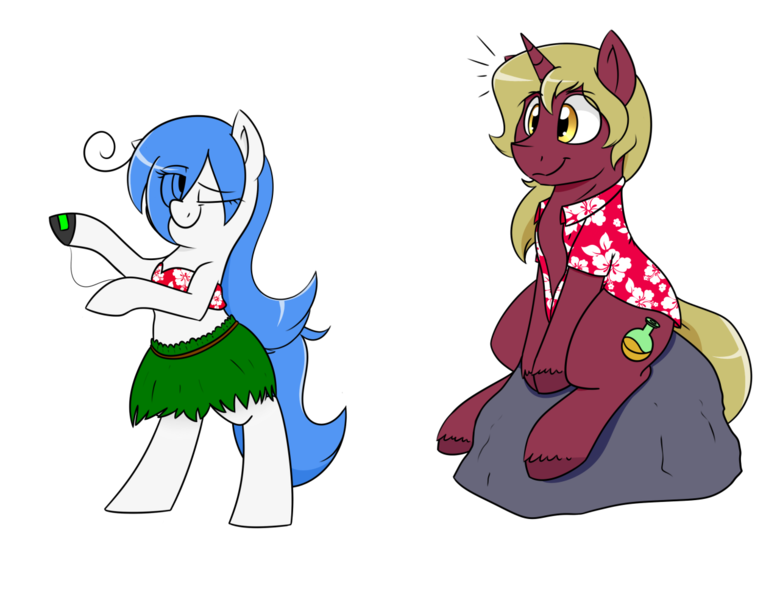 Size: 1280x985 | Tagged: safe, artist:notenoughapples, derpibooru import, oc, oc:flask, oc:mal, unofficial characters only, pony, bandeau, bipedal, clothes, dancing, grass skirt, hawaiian shirt, hula, hula dance, midriff, simple background, transparent background