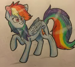 Size: 2448x2195 | Tagged: safe, artist:snowfoxythefox, derpibooru import, rainbow dash, ballpoint pen, colored, colored pencil drawing, colored sketch, cute, dashabetes, determined, legs in air, looking back, pencil, pencil drawing, simple background, smiling, smirk, solo, traditional art, wip