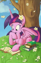 Size: 828x1280 | Tagged: safe, artist:violetvampirevixen, derpibooru import, twilight sparkle, twilight sparkle (alicorn), alicorn, pony, book, flower, flower in hair, grass, prone, reading, solo, tree