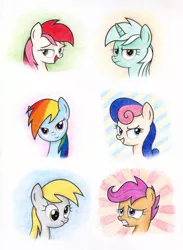 Size: 2000x2738 | Tagged: safe, artist:agamnentzar, derpibooru import, bon bon, derpy hooves, lyra heartstrings, rainbow dash, roseluck, scootaloo, sweetie drops, pegasus, pony, bon bon is amused, female, looking at you, lyra is not amused, mare, scrunchy face, traditional art