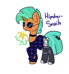 Size: 1280x1371 | Tagged: alternate hairstyle, artist:otterlore, banana, clothes, derpibooru import, food, glitter shell, glowing horn, hairclip, hipster, levitation, magic, plaid shirt, safe, simple background, snails, socks, solo, stockings, sunglasses, telekinesis, white background