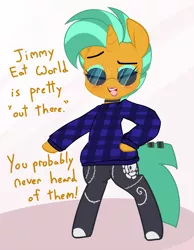 Size: 1555x2000 | Tagged: safe, artist:kryptchild, derpibooru import, snails, pony, bipedal, clothes, collar, cute, eyeshadow, glitter shell, hairclip, hipster, jimmy eat world, makeup, plaid shirt, socks, solo, stockings, sunglasses