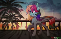 Size: 2100x1350 | Tagged: safe, artist:redchetgreen, derpibooru import, oc, unofficial characters only, pegasus, pony, lens flare, looking at you, palm tree, raised hoof, solo, sunset, tree