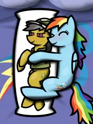 Size: 3072x4096 | Tagged: safe, artist:t.f.a.n.c.s., derpibooru import, daring do, rainbow dash, pony, stranger than fan fiction, bed, bedroom, body pillow, daring daki, daringdash, female, happy, lesbian, mare, shipping, solo